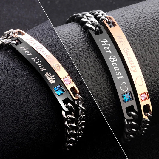 2 Style His Queen Her King Black Rose Gold Color Women's Male Chain Crystal Couple Bracelet for Men Femmo on Hands Jewelry