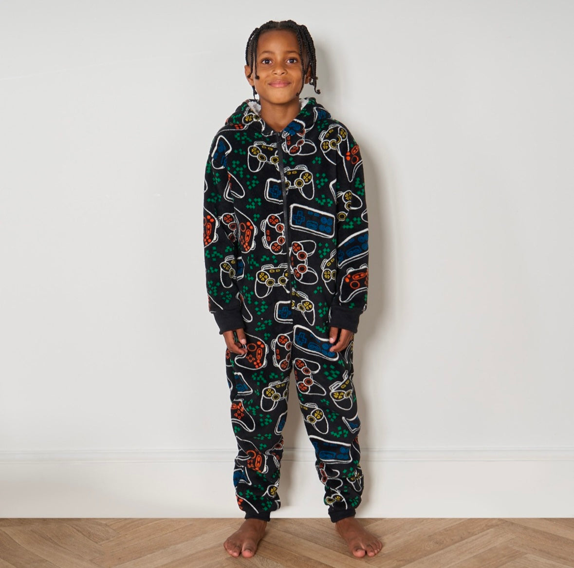 Kids Gaming Print Fleece Onesie - Black