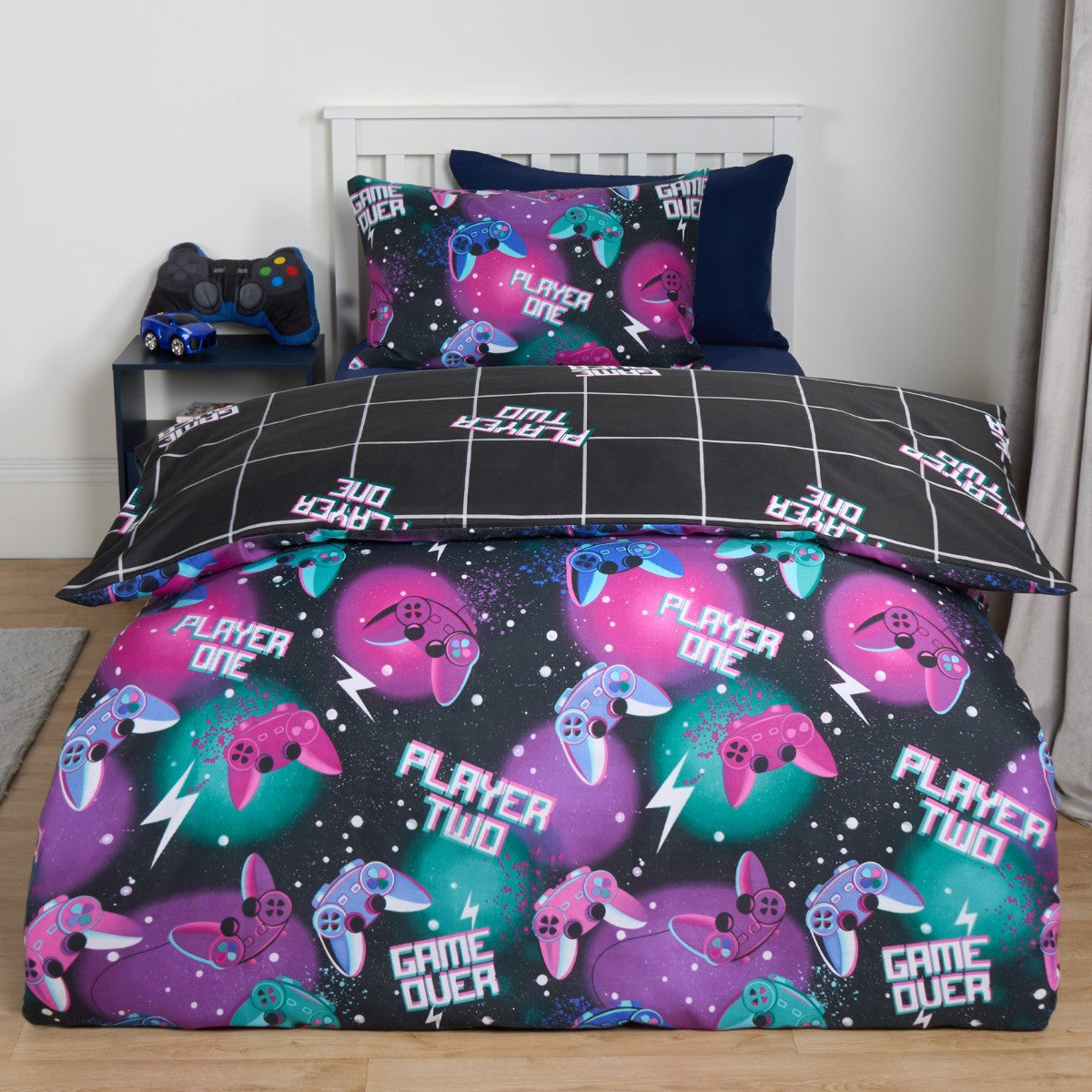 Neon Gaming Check Reversible Duvet Cover Set