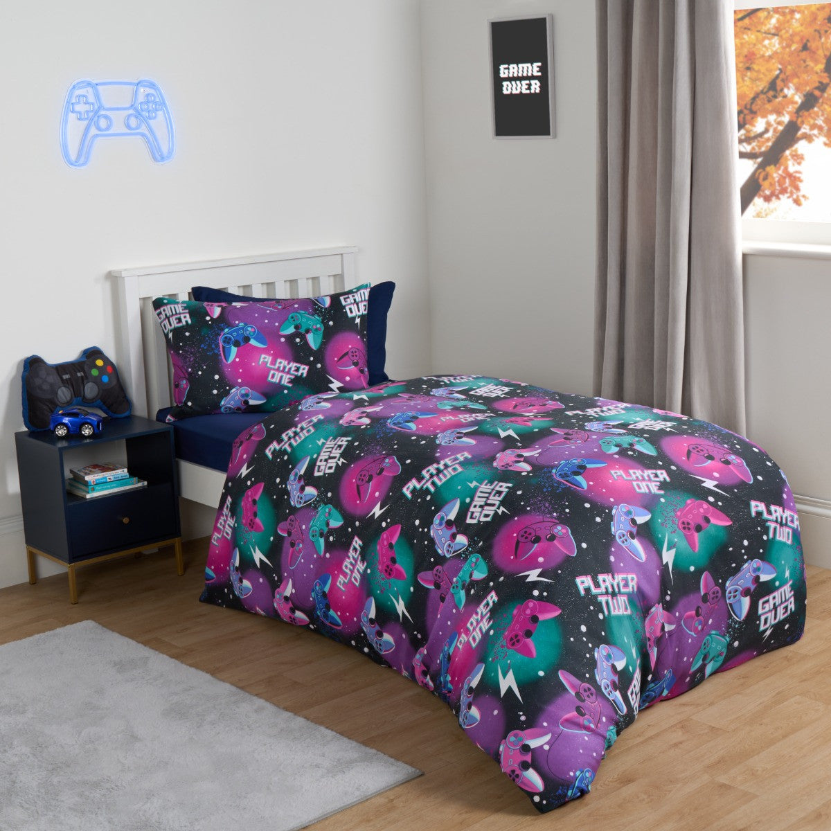 Neon Gaming Check Reversible Duvet Cover Set