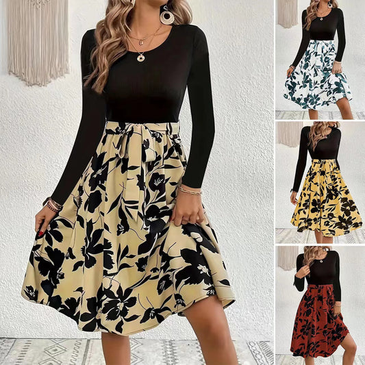 Floral Print Long Sleeve Dress Fashion Round Neck Tie Slim Dress Women's Clothing