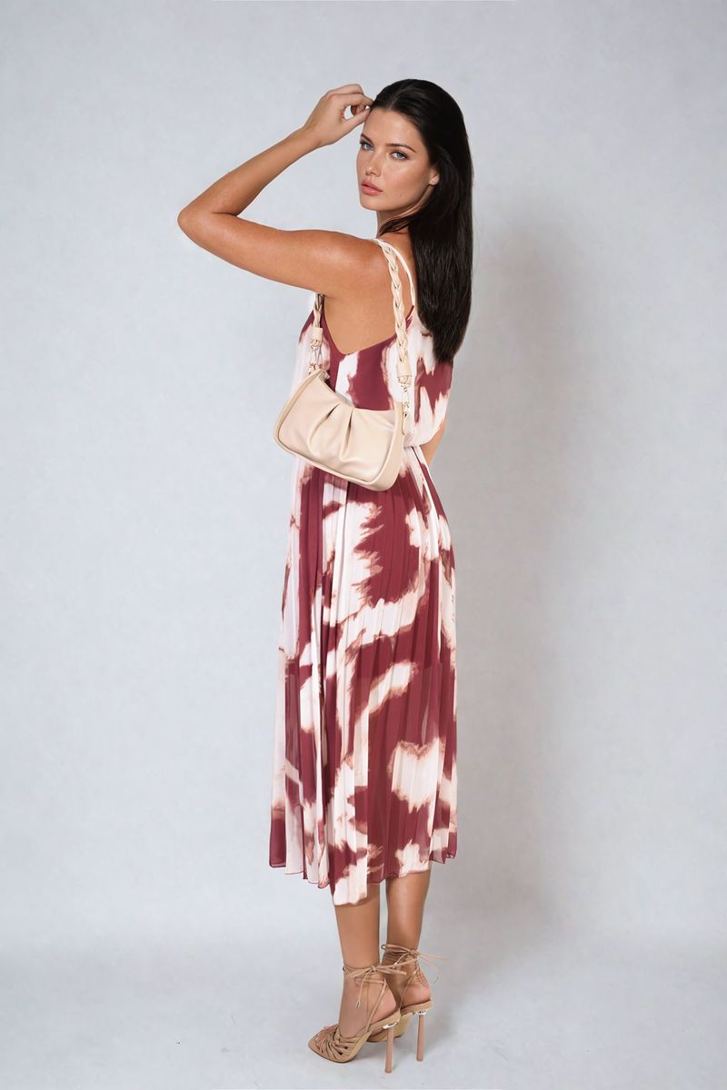 Printed Strappy Pleated Midi Dress