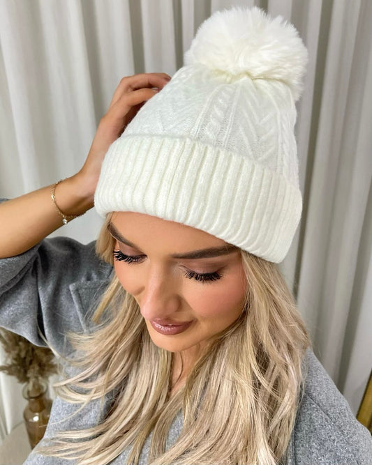 Chunky Knit Fur Pom Beanie Hat