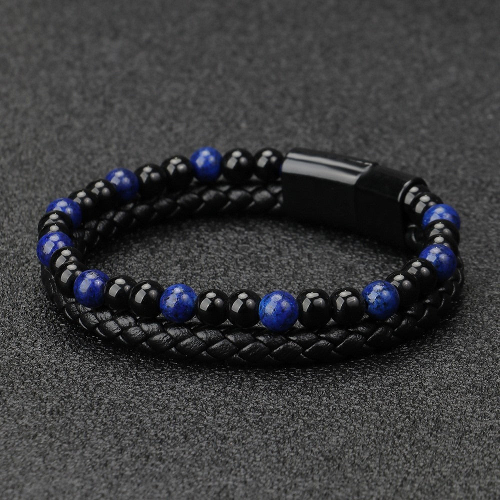 Mens Natural Stone Tiger Eye/ volcanic Stone/ Blue Sandstone Beaded Bracelet