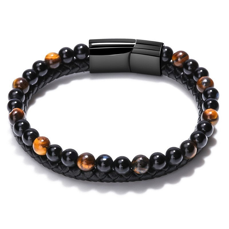 Mens Natural Stone Tiger Eye/ volcanic Stone/ Blue Sandstone Beaded Bracelet