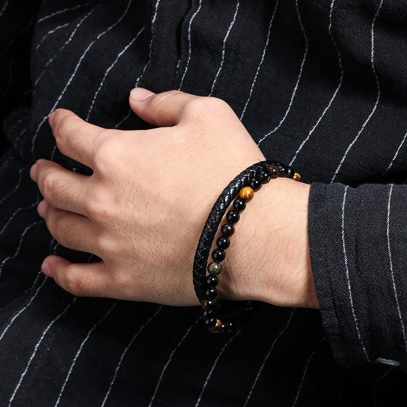 Mens Natural Stone Tiger Eye/ volcanic Stone/ Blue Sandstone Beaded Bracelet